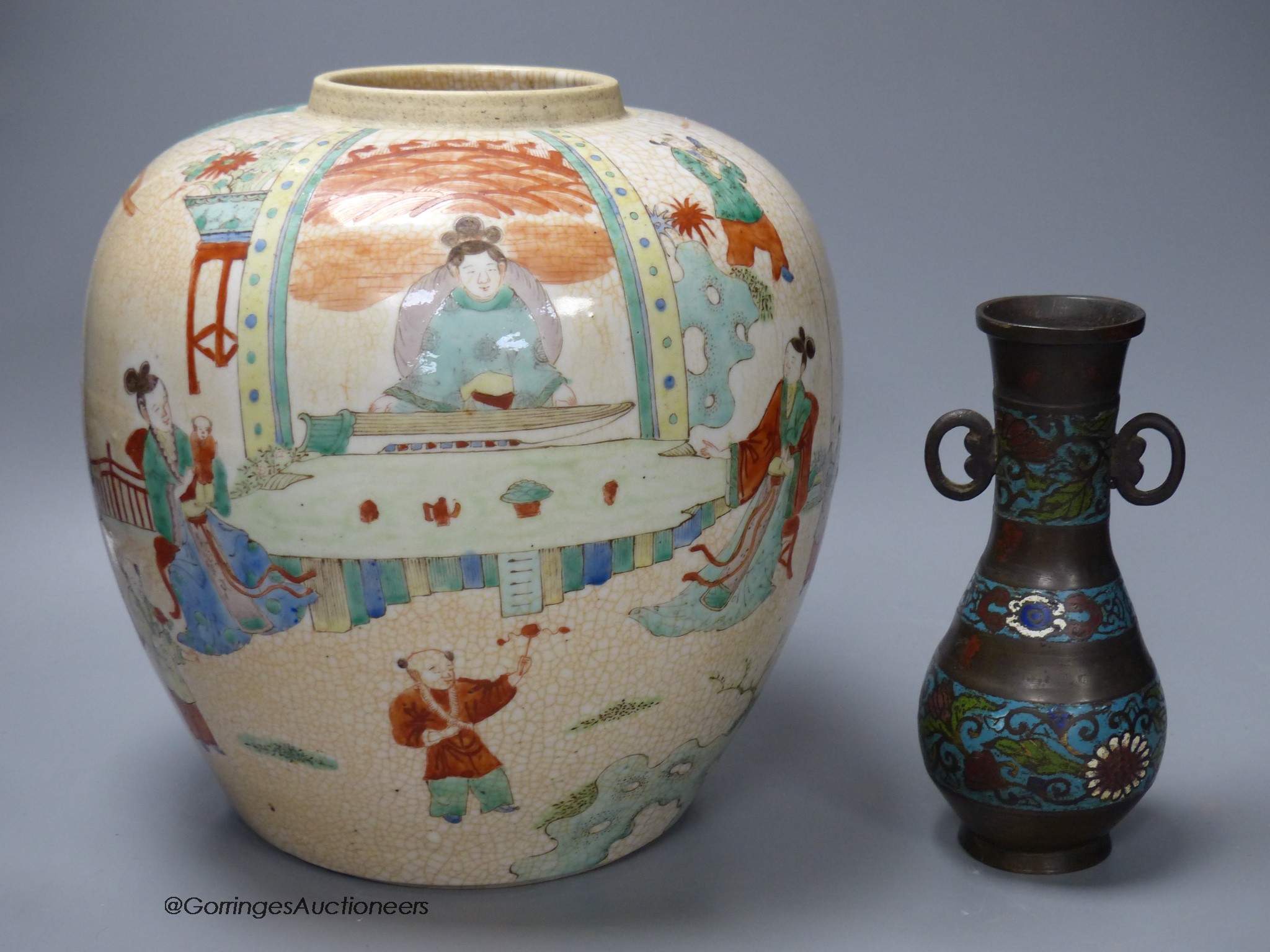 A large Chinese crackle glaze jar, height 24cm and a Japanese champleve enamel bronze vase